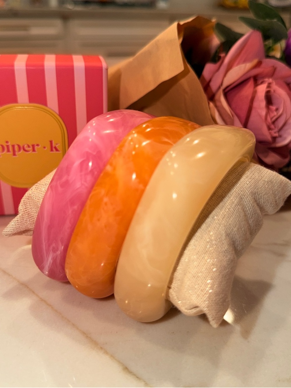 Piper K Marbled look, Pink, Orange & Cream Resin Bangle Trio